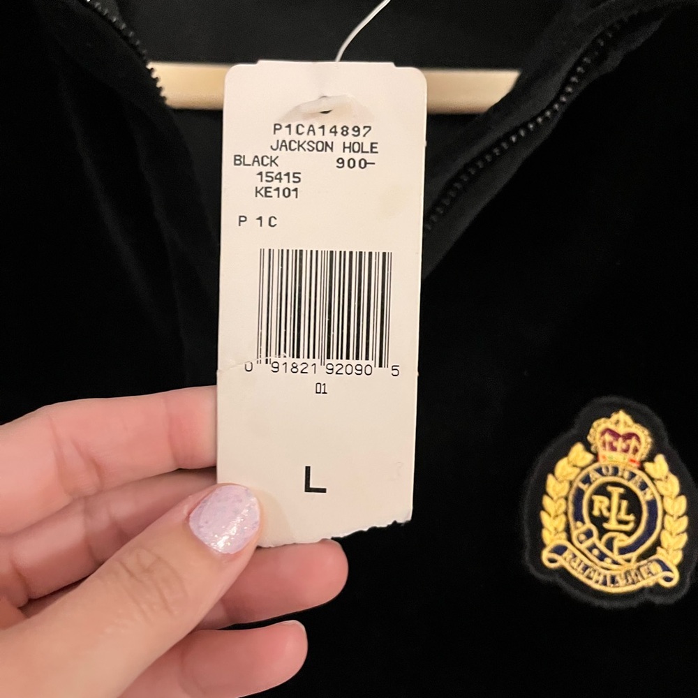 Lauren Ralph Lauren Crested Black Velour Pullover 1/4 Zip  Women Size Large NWT - Picture 7 of 7